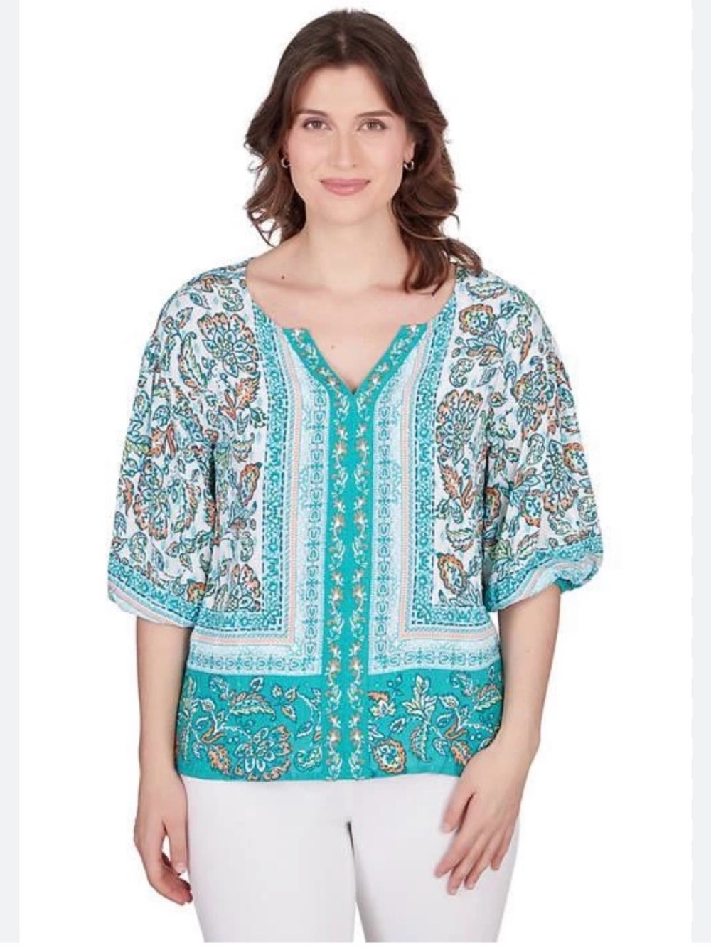 Ruby Rd. Teal and White Paisley V-Neck Tunic